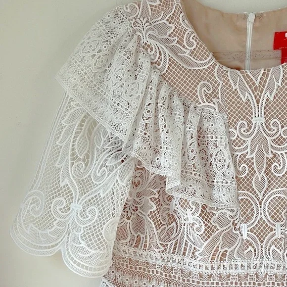 NWOT MONIQUE LHUILLIER Lace Dress; A-Line, Short Sleeves, Jewel Neckline - Picture 5 of 8